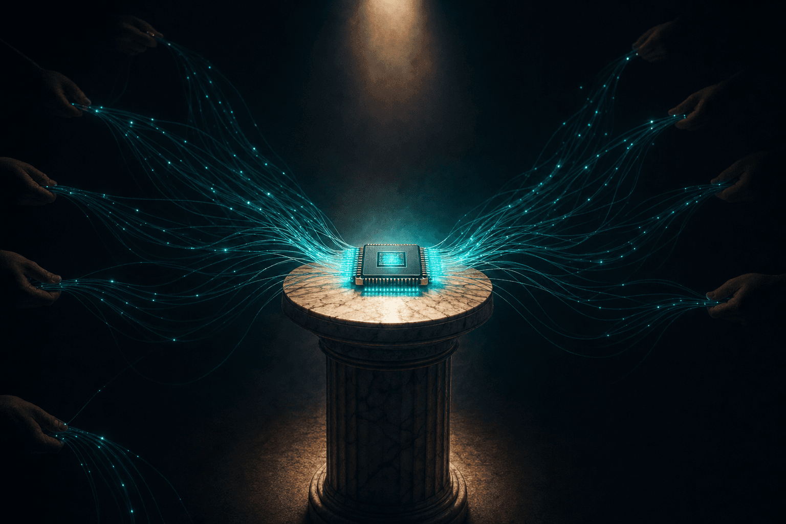 Editorial hero image showing a glowing GPU fed by fiber-optic cables, suggesting ownership of the optical interconnect layer behind AI infrastructure.