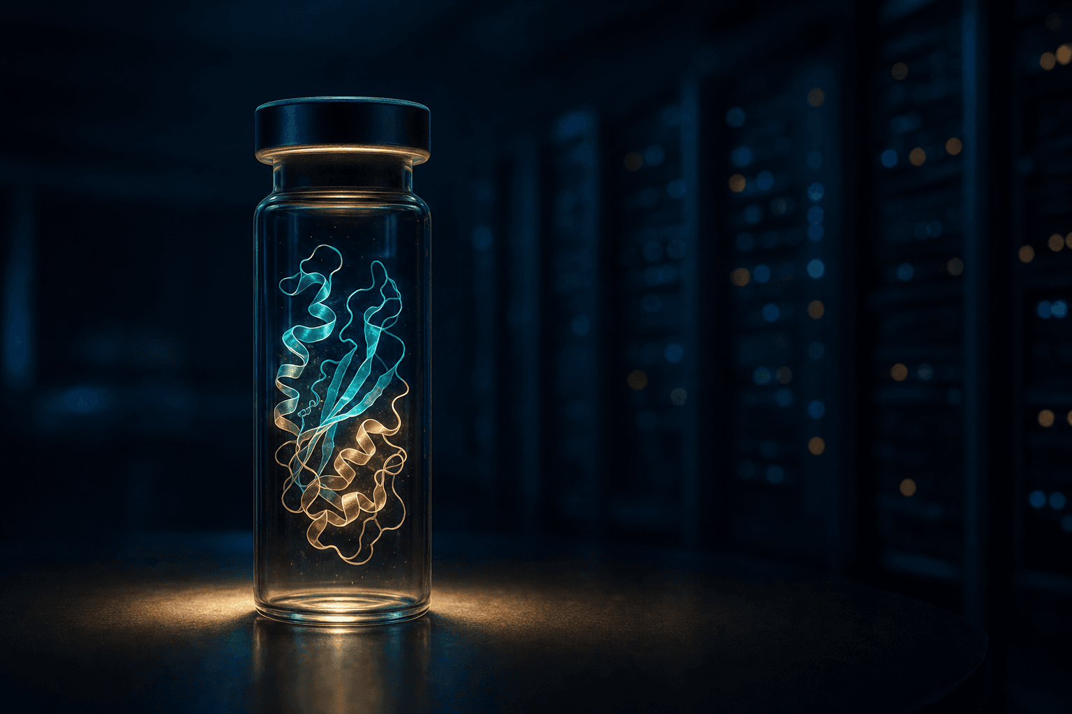 Glowing folded-protein structure in a glass vial against dim server racks