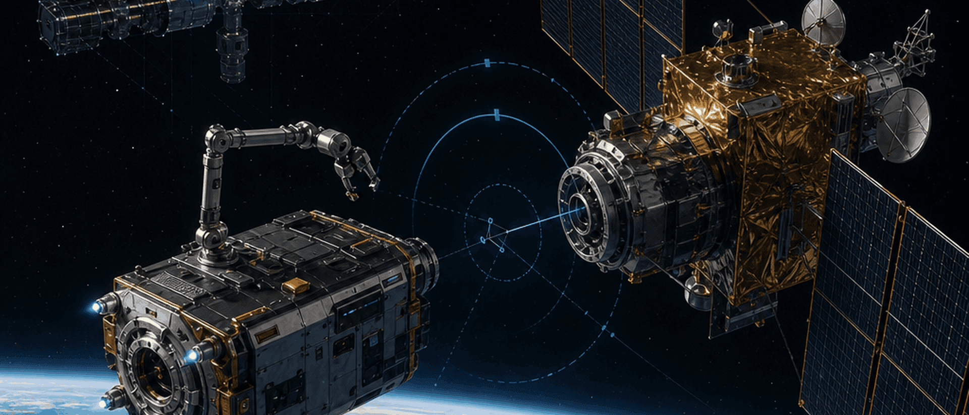 Two service spacecraft approaching a satellite above Earth